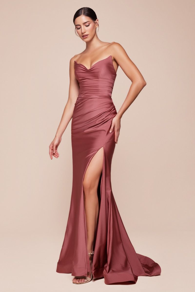 Ladivine CD791 Strapless Stretch Spandex Satin V Neck Dress - NORMA REED