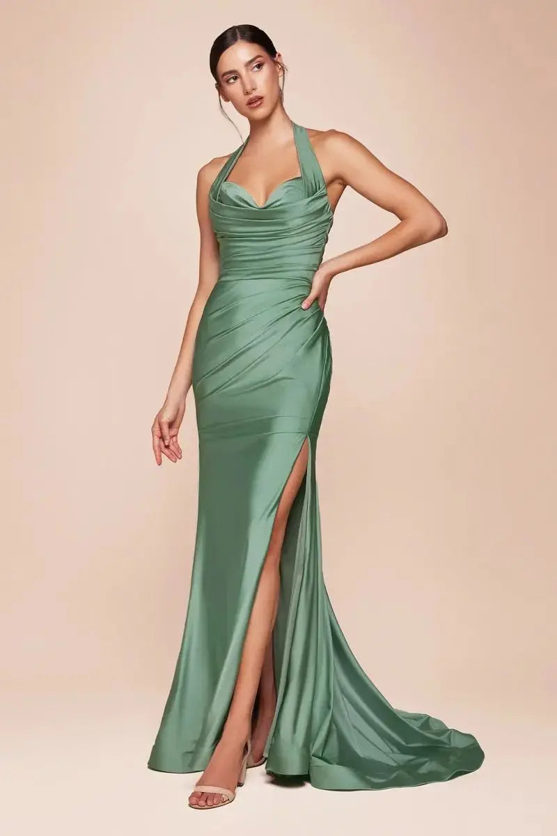 Ladivine CD796C Strapless Stretch Spandex Satin Halter Dress - NORMA