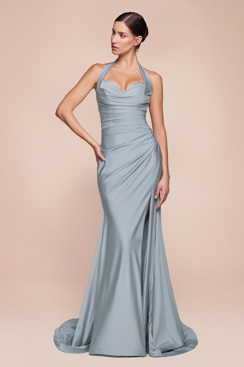 Ladivine CD796C Strapless Stretch Spandex Satin Halter Dress - NORMA REED