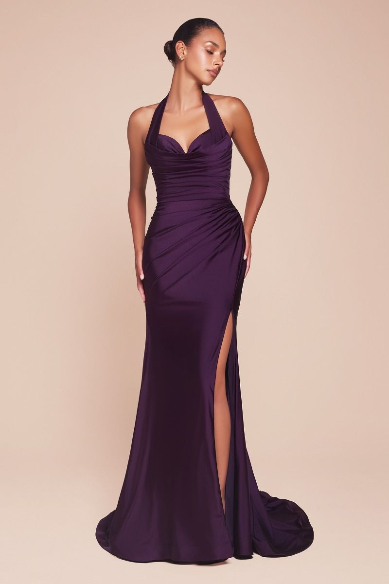 Ladivine CD796C Strapless Stretch Spandex Satin Halter Dress - NORMA REED