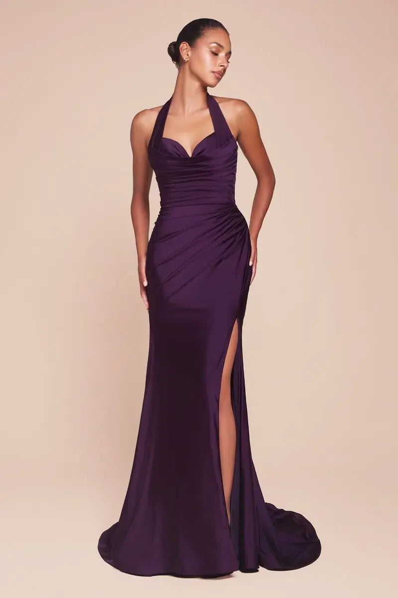 dress Ladivine CD796 Strapless Stretch Spandex Satin Halter Dress - NORMA