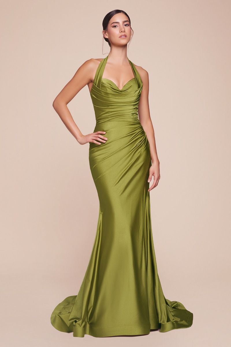 Ladivine CD796C Strapless Stretch Spandex Satin Halter Dress - NORMA REED