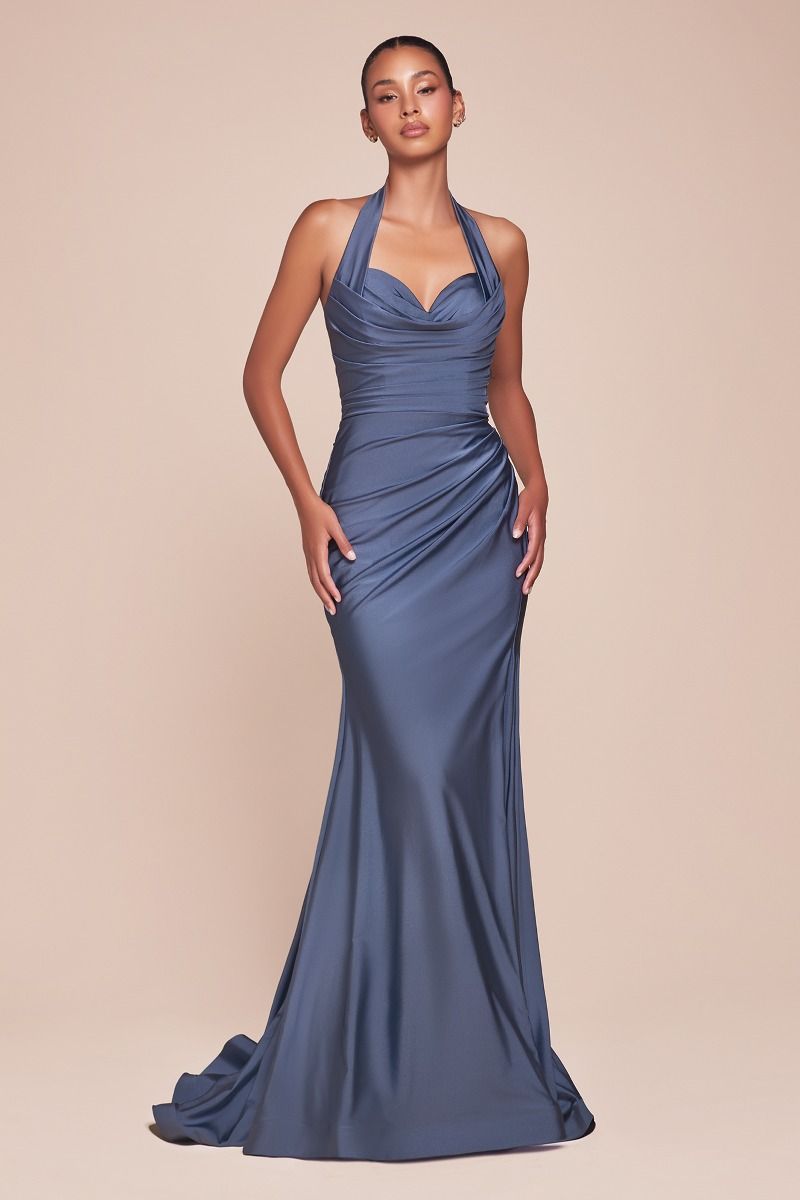 Ladivine CD796C Strapless Stretch Spandex Satin Halter Dress - NORMA REED