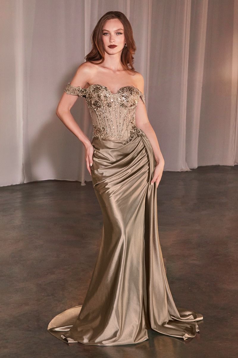 Ladivine CD803 Off the Shoulder Lace & Satin Fitted Gown - NORMA REED