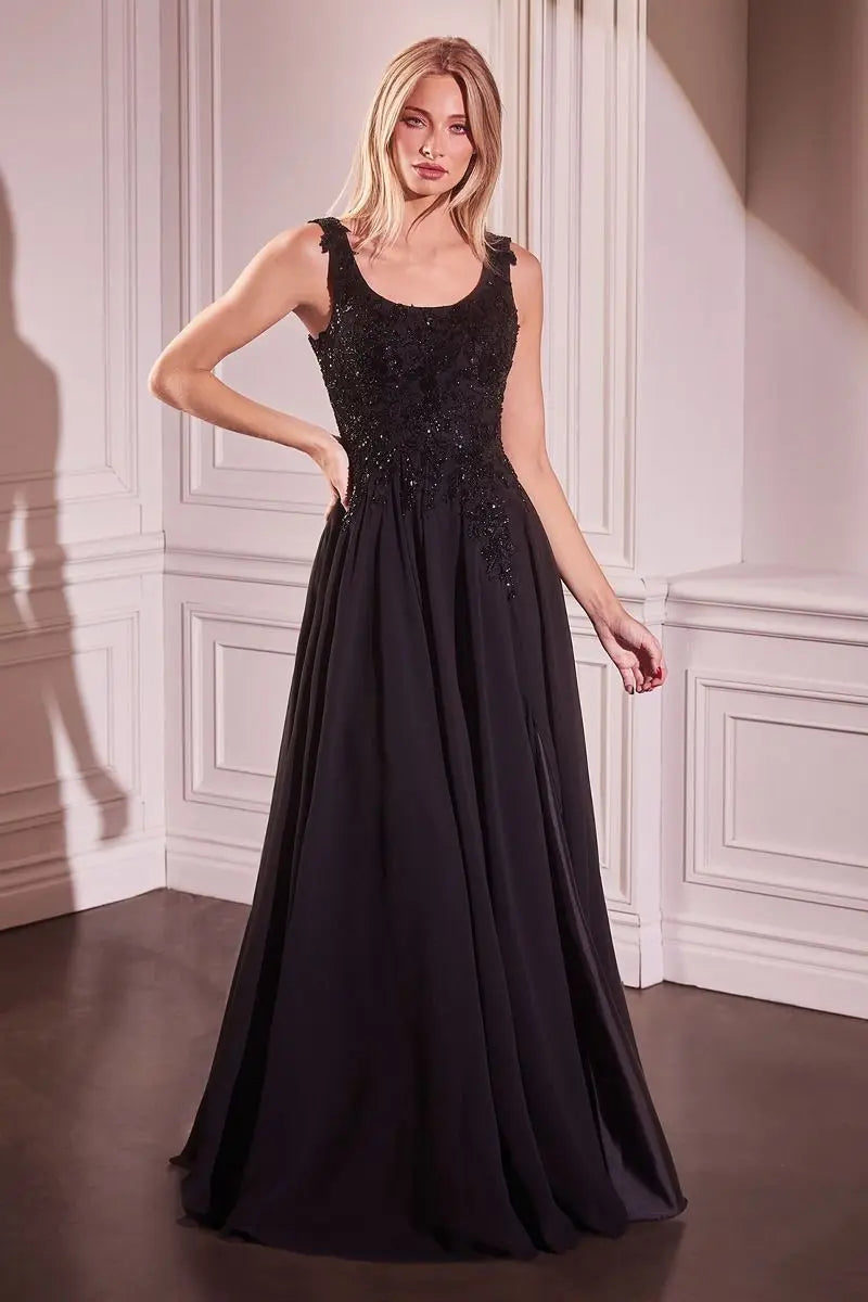 Ladivine CDS503 Chiffon A Line Beaded Lace Dress w/ Removable Cape -