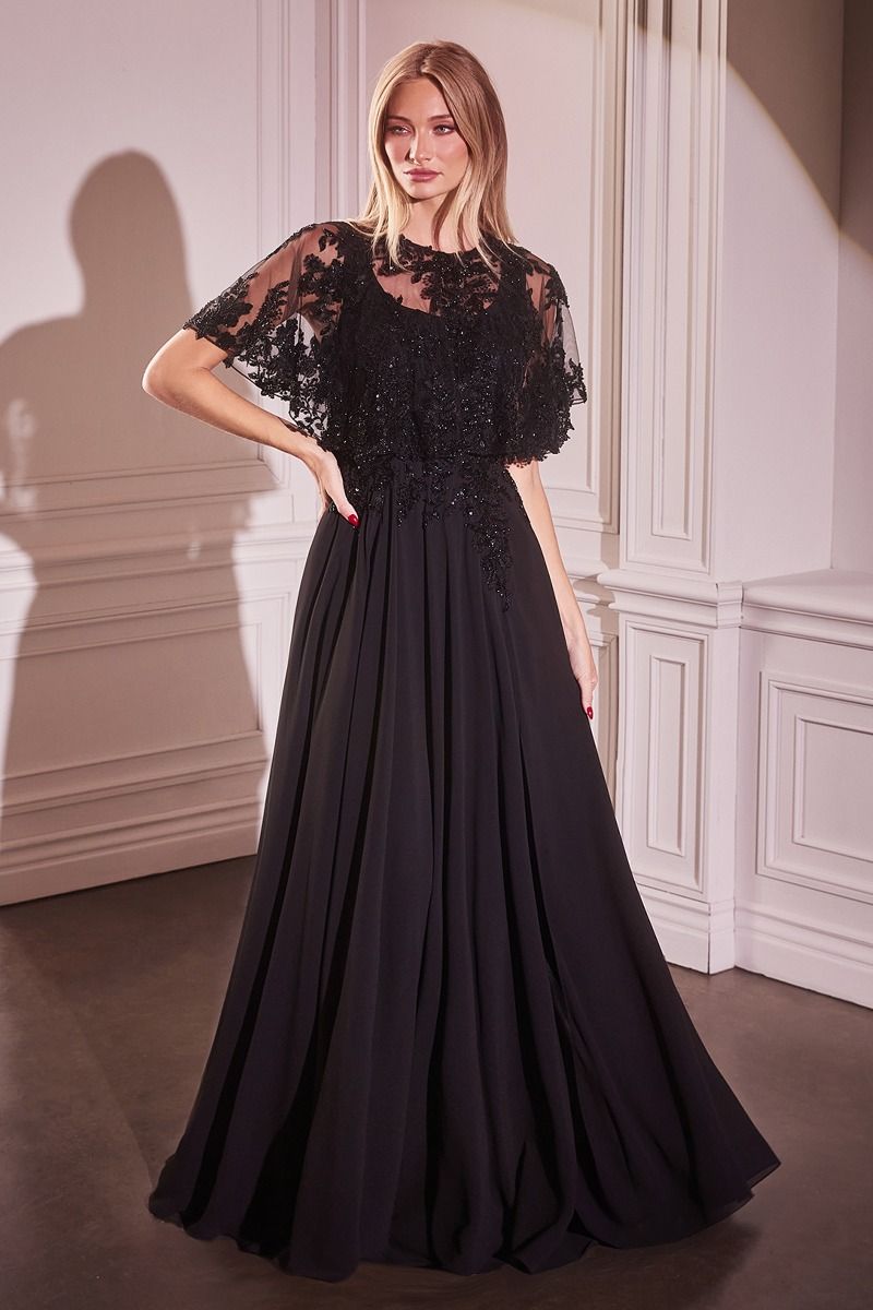Ladivine CDS503 Chiffon A Line Beaded Lace Dress w/ Removable Cape