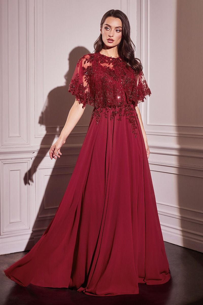 Ladivine CDS503 Chiffon A Line Beaded Lace Dress w/ Removable Cape - NORMA REED