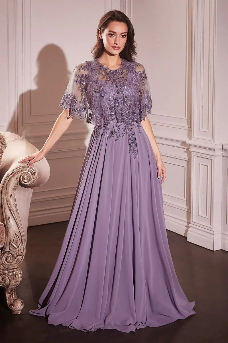 Ladivine CDS503 Chiffon A Line Beaded Lace Dress w/ Removable Cape -