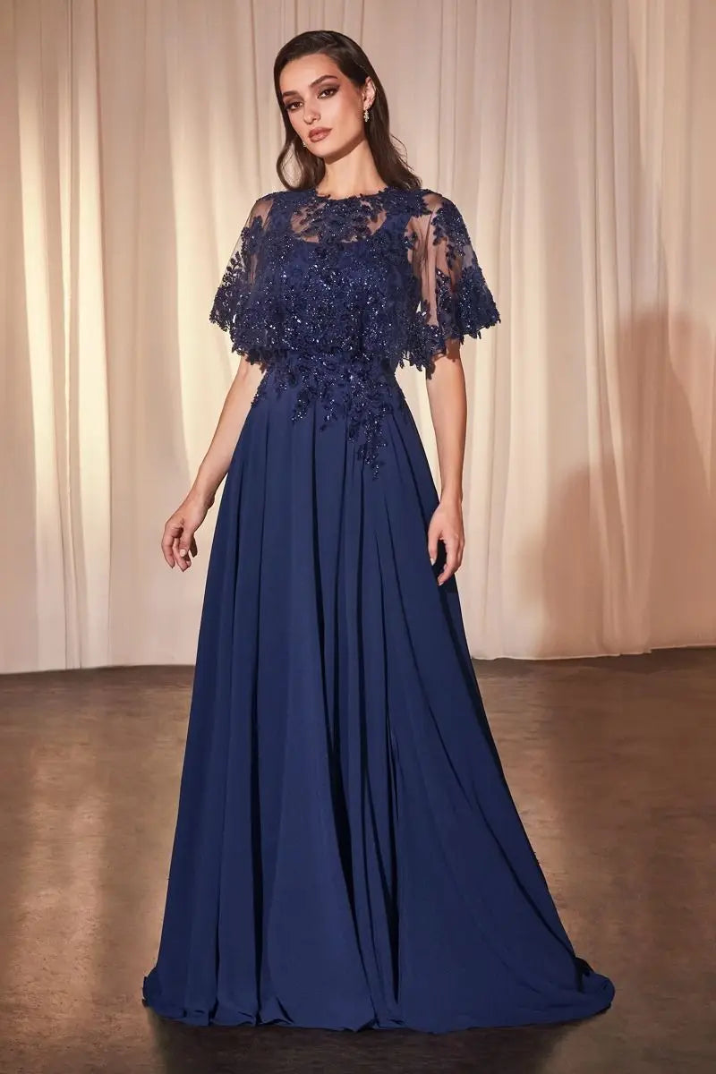 Ladivine CDS503 Chiffon A Line Beaded Lace Dress w/ Removable Cape -