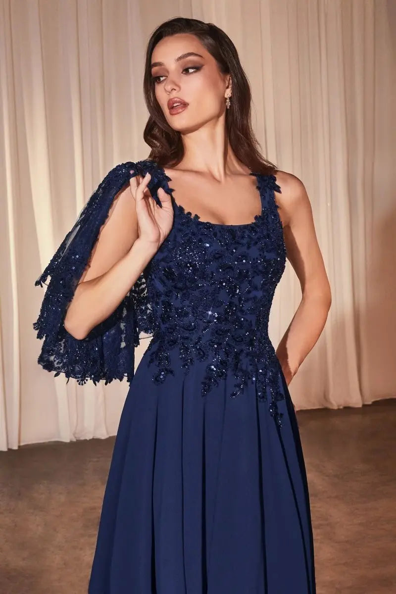 Ladivine CDS503 Chiffon A Line Beaded Lace Dress w/ Removable Cape -