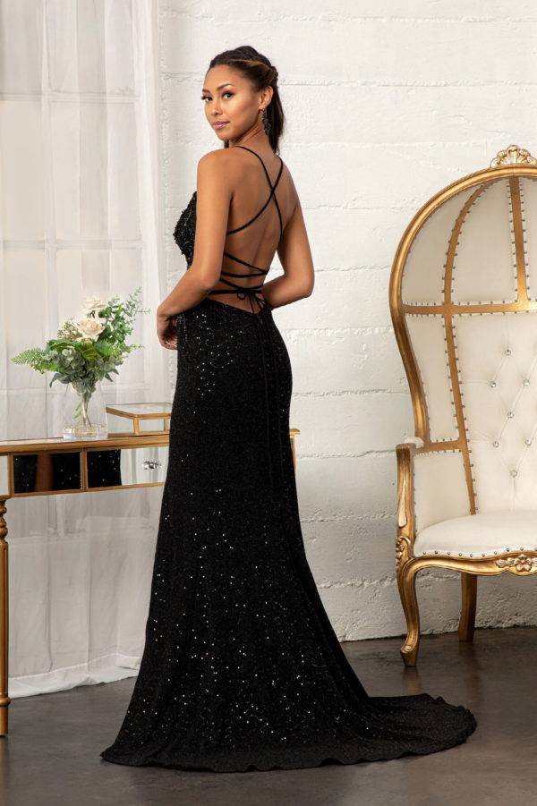 Beaded Sequin Corset Lace Up Back Dress with Side Slit