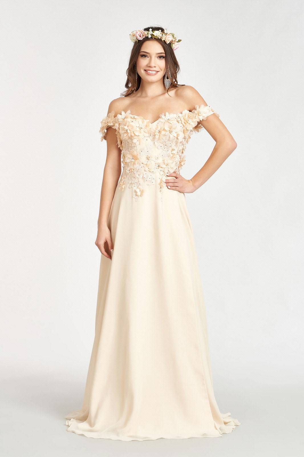 Elizabeth K GL3018 Floral 3D Applique Embroidered A-Line Chiffon Dress - NORMA REED