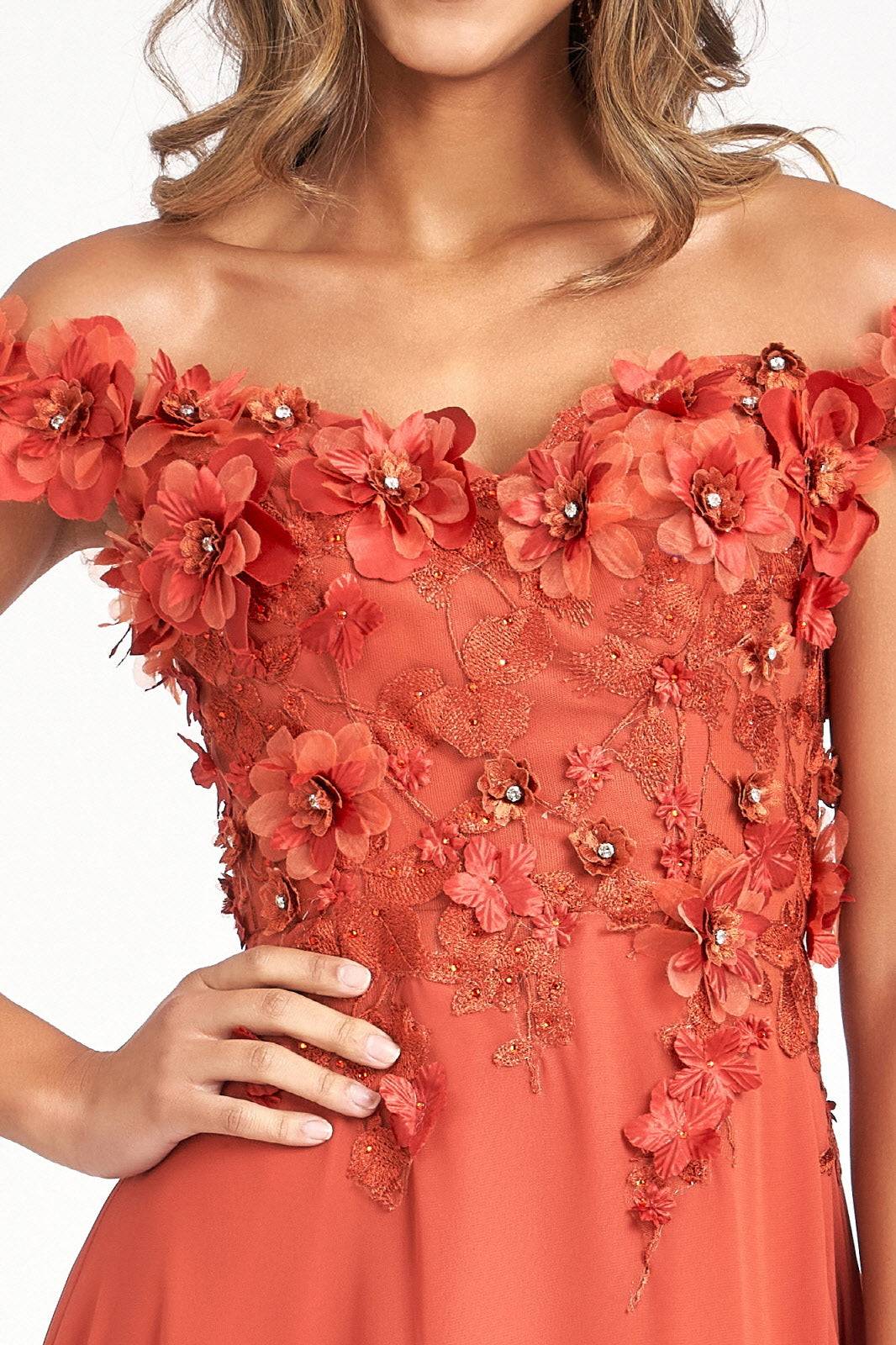 Elizabeth K GL3018 Floral 3D Applique Embroidered A-Line Chiffon Dress - NORMA REED