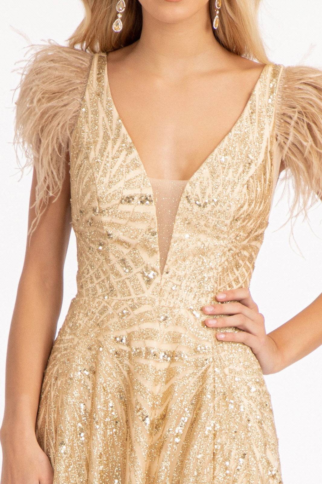 Elizabeth K GL3046 Feather-Shoulder Embellished A-line Dress w/ Open V-back - NORMA REED