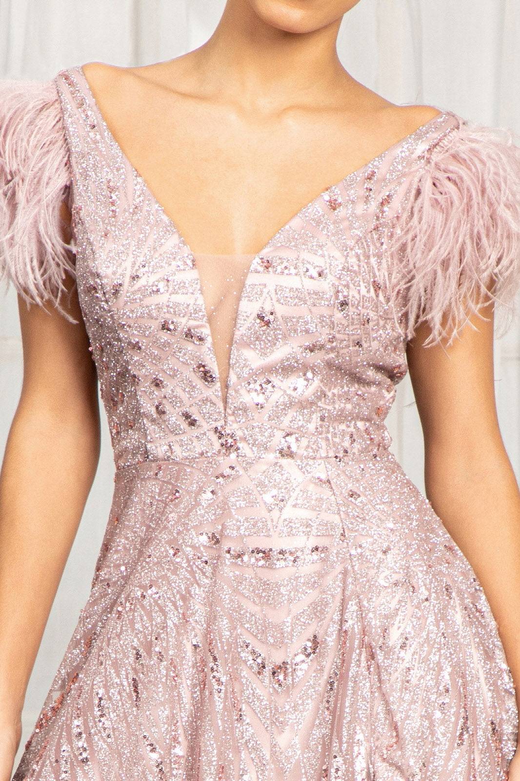 Elizabeth K GL3046 Feather-Shoulder Embellished A-line Dress w/ Open V-back - NORMA REED