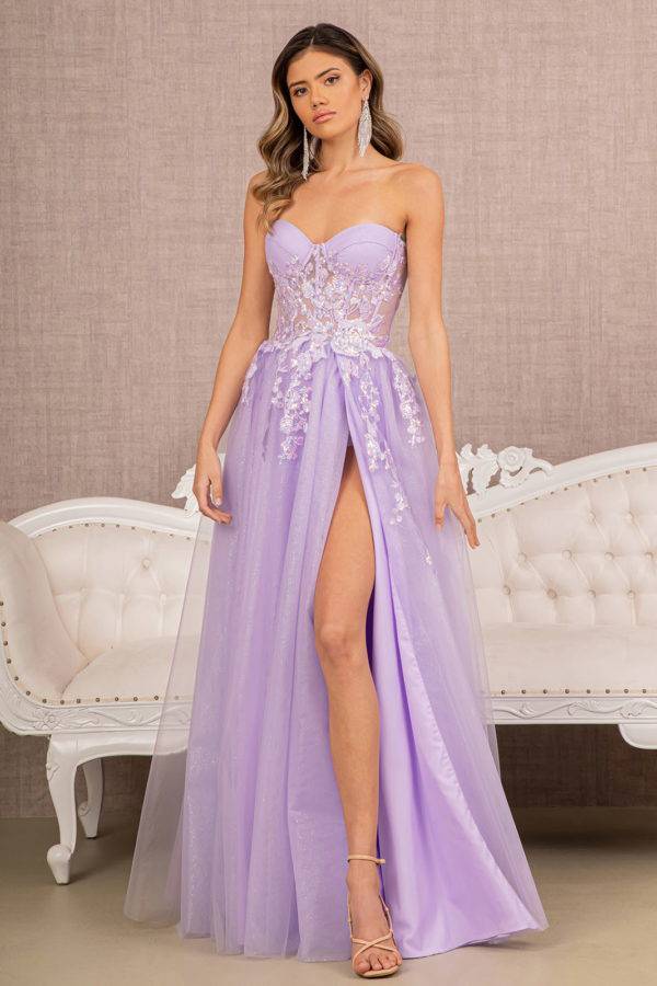 Long elizabeth k prom dress with lace clearance bodice