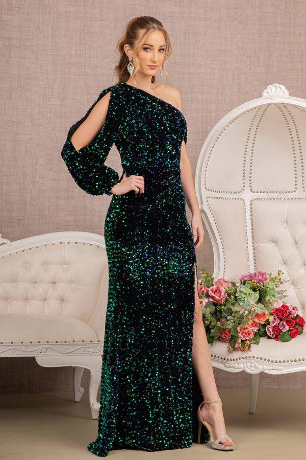 Elizabeth K GL3159 Glittering Velvet Mermaid Dress With Puff