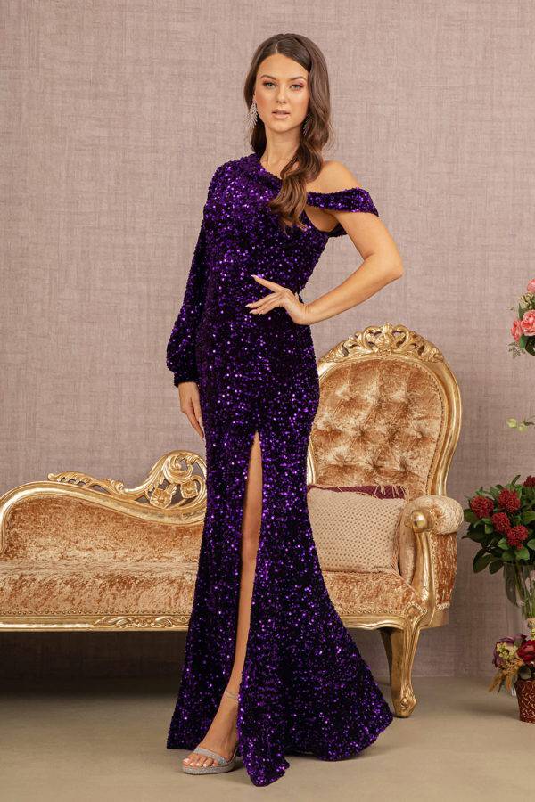 Elizabeth K GL3159 Glittering Velvet Mermaid Dress With Puff Sleeve - NORMA REED