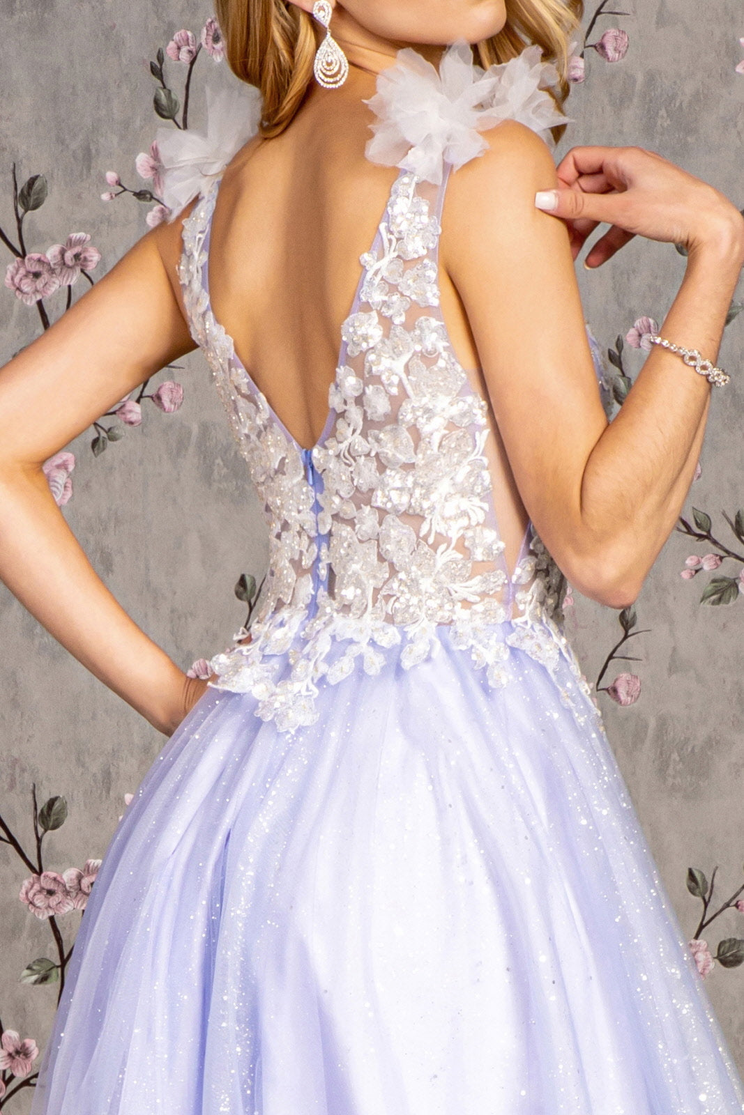 Floral-Beaded Long Formal Dress with Strappy Back