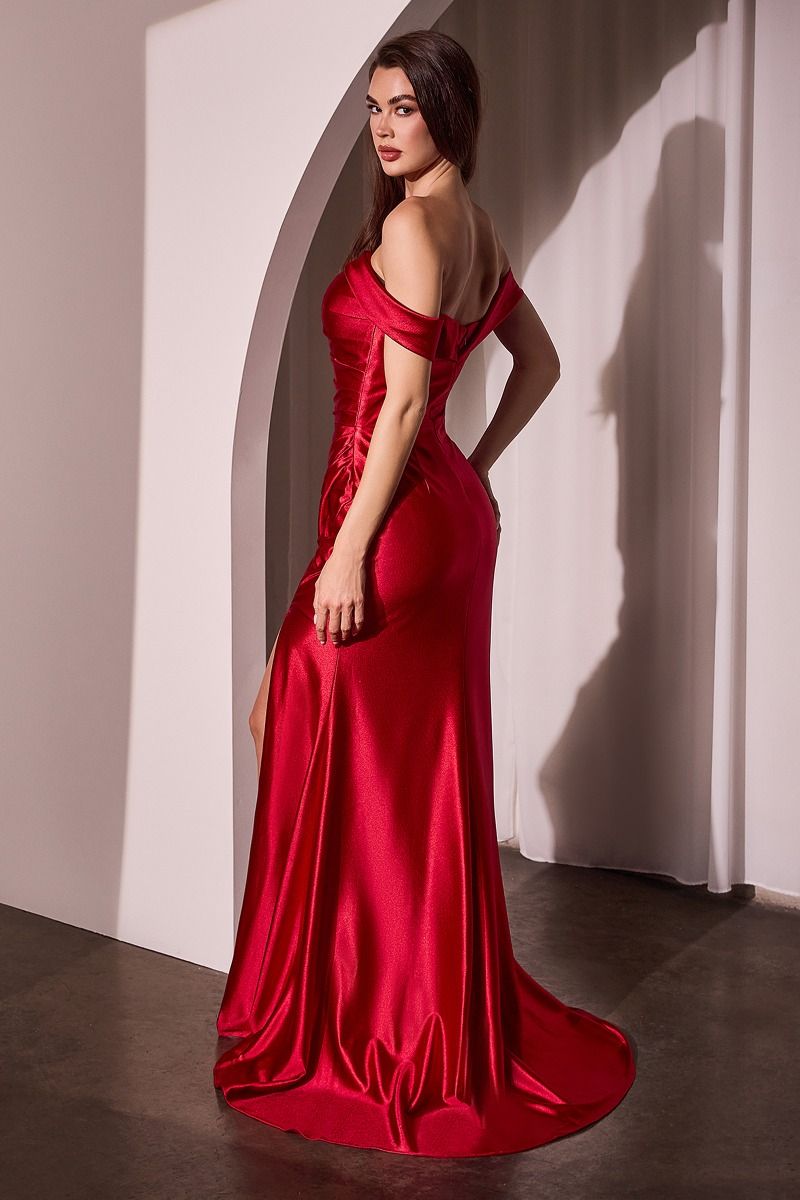 Ladivine J877 Glistening Satin Off the Shoulder Pleated Gown