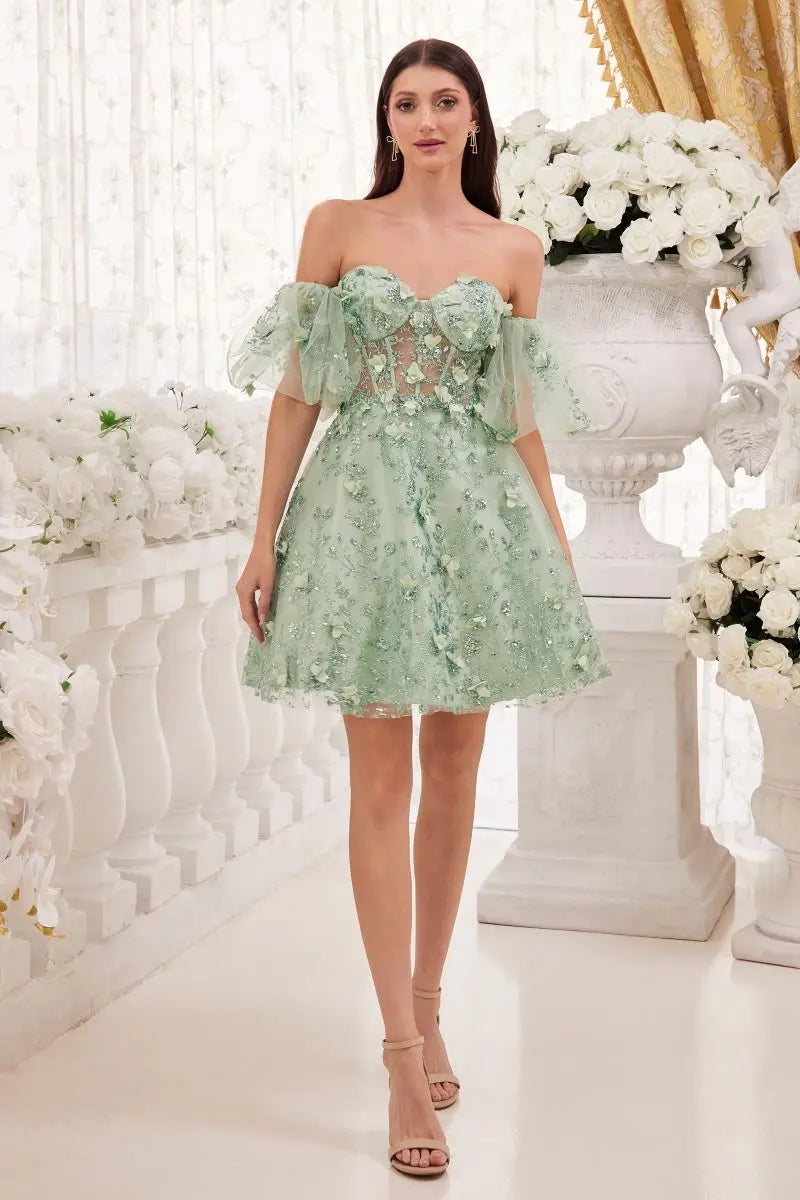 Cinderella Divine KV1089 Corset Style Short Dress with Poofy Sleeves &