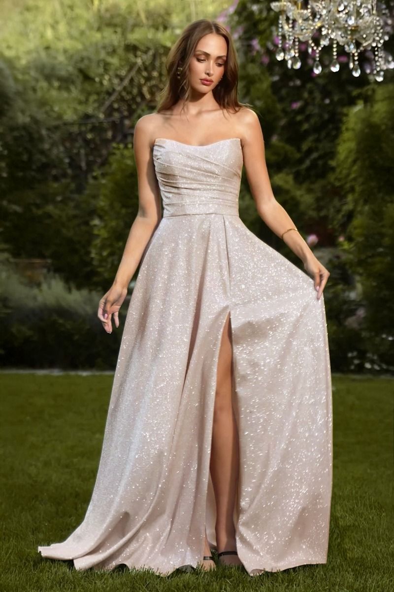 Amoris T701 Strapless Shimmering Slit Leg Dress