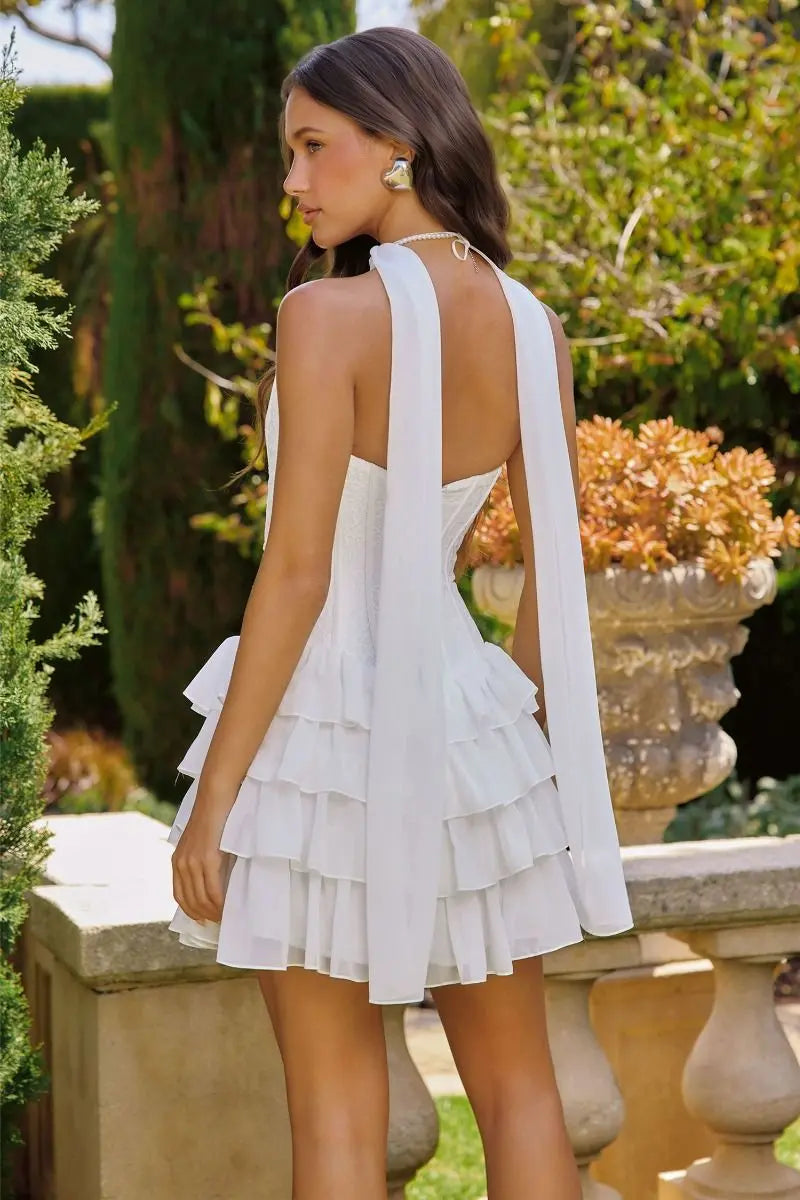 Amoris T739W Tiered Ruffled White Mini Dress