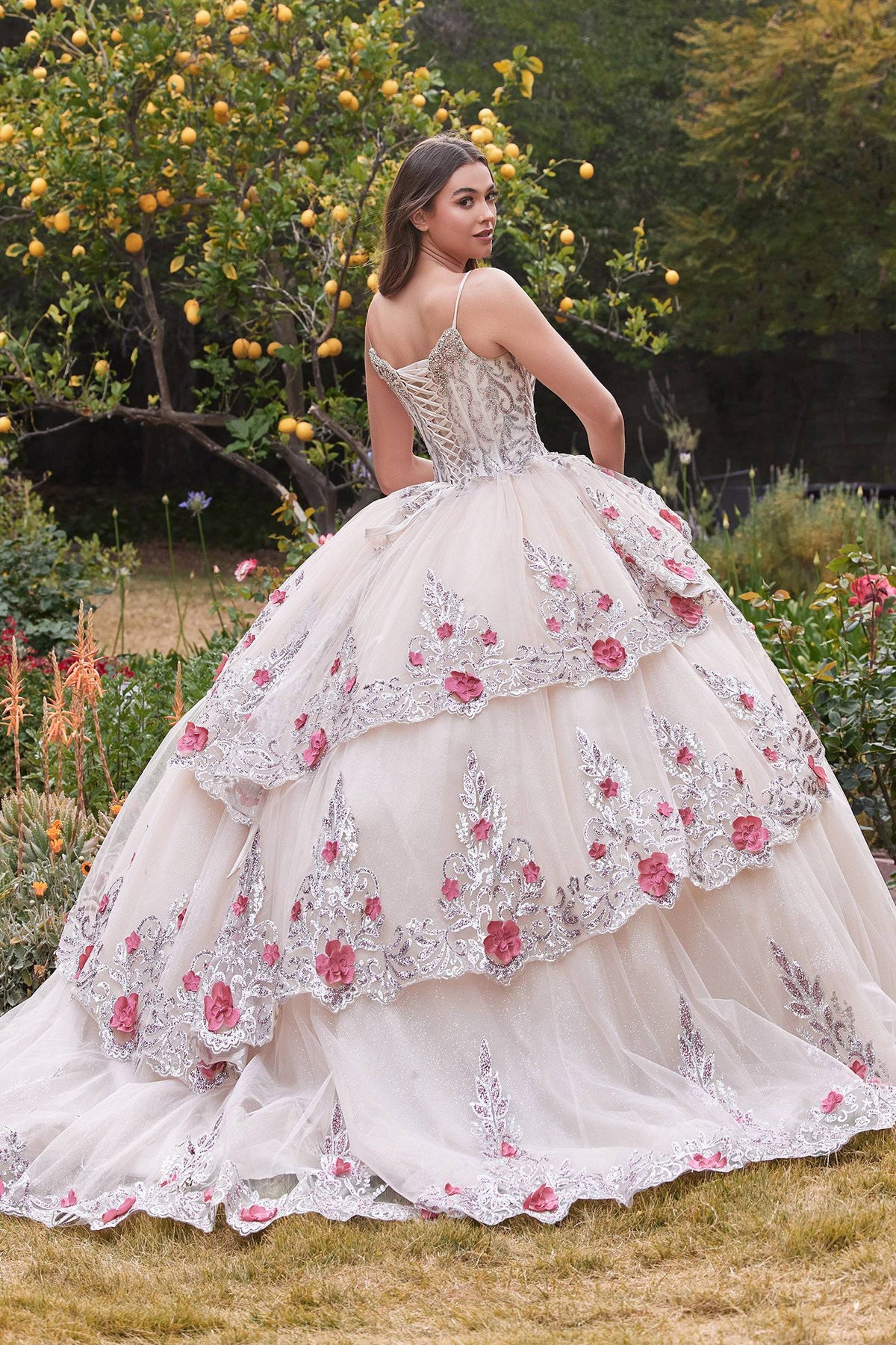 Cinderella Divine 15703 Corset Style Champagne Lace Quinceanera Ball Gown -  Quinceanera Dress