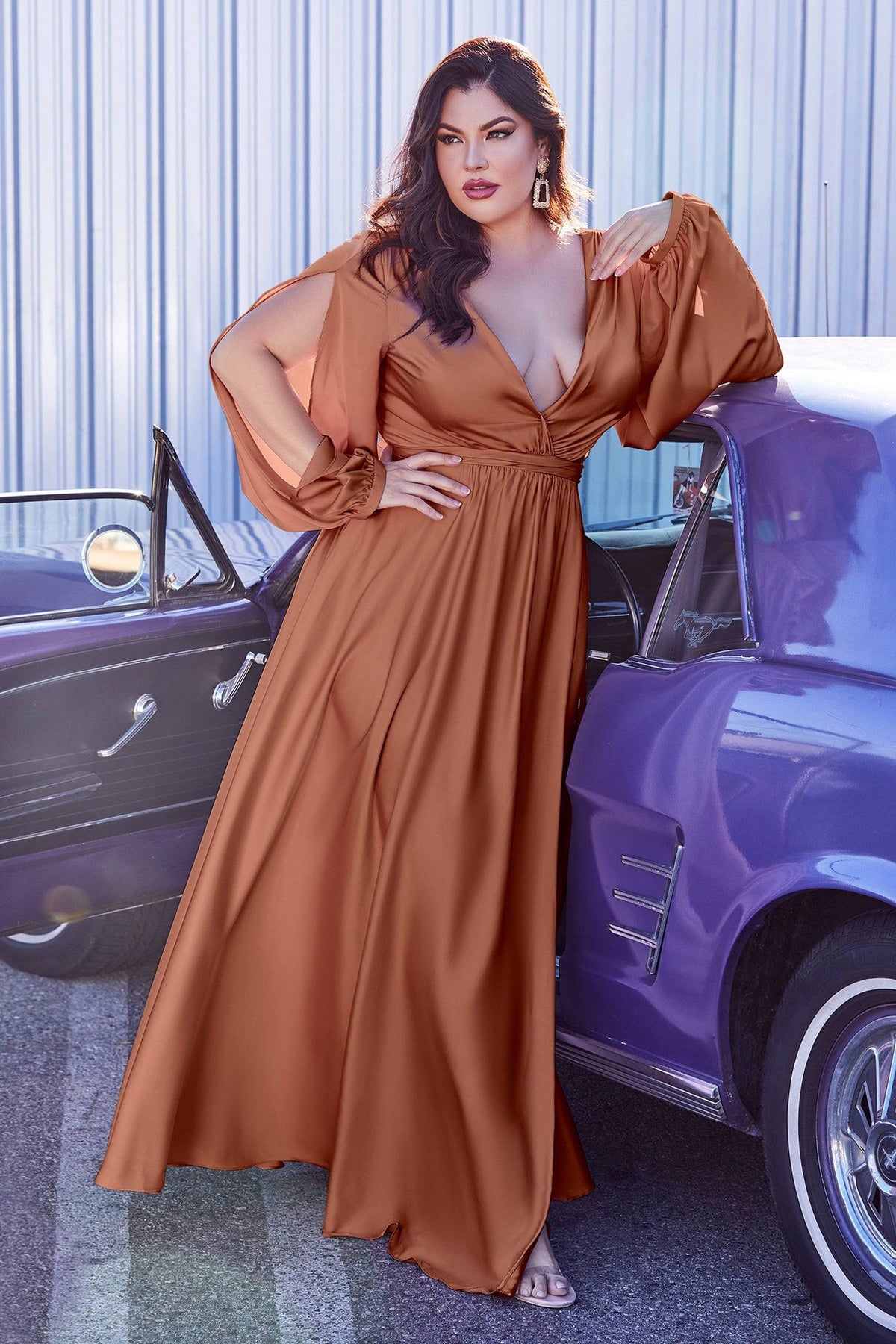 Gorgeous Plus-Size Long Gown with Slit Long Sleeves and Leg Slit #CD7475C - NORMA REED