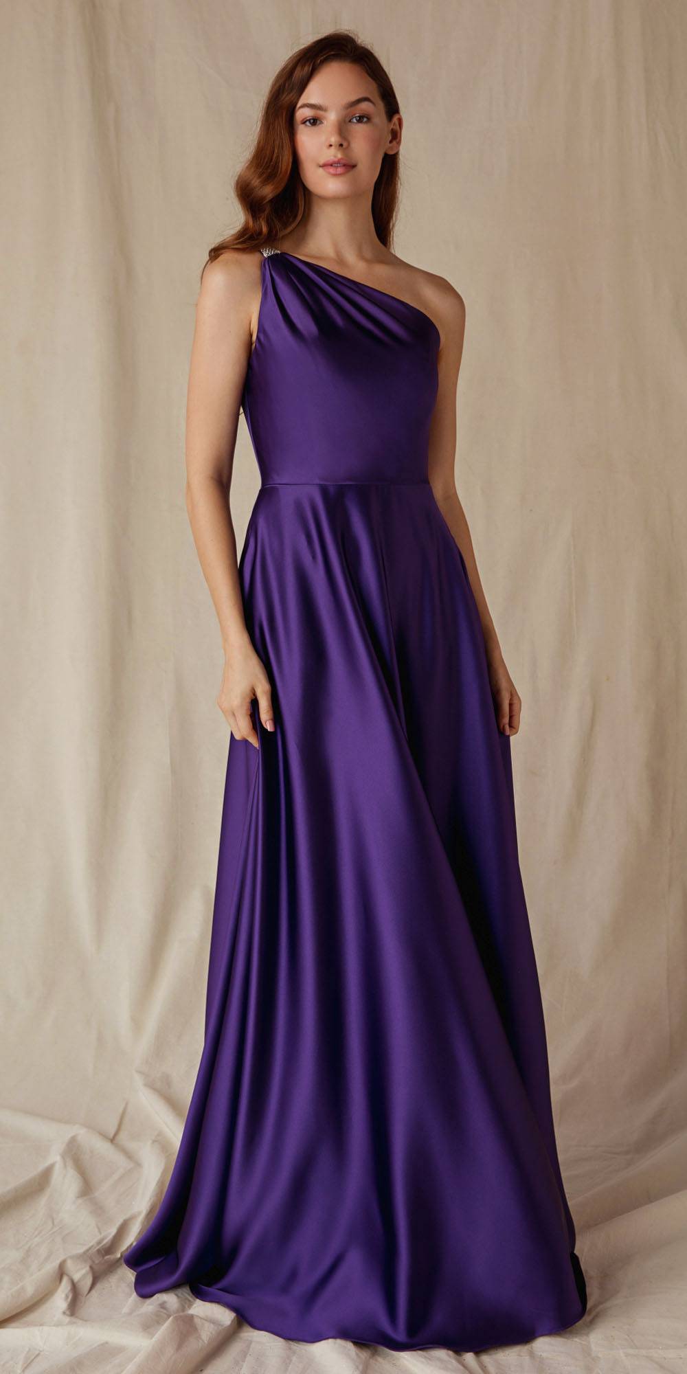 Eureka 9025 Satin One Shoulder Pleated Dress with Pockets