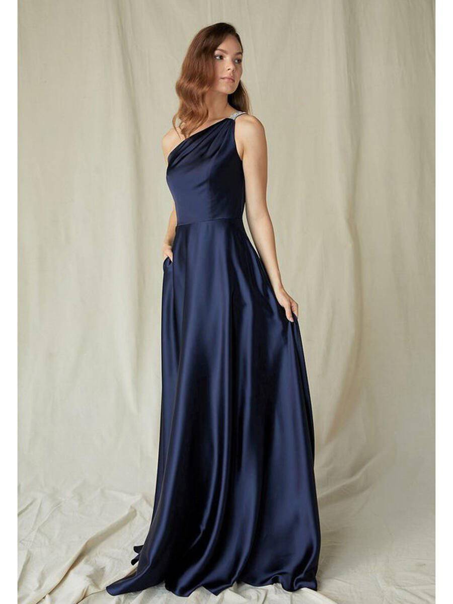 Eureka 9025 Satin One Shoulder Pleated Dress with Pockets - NORMA REED