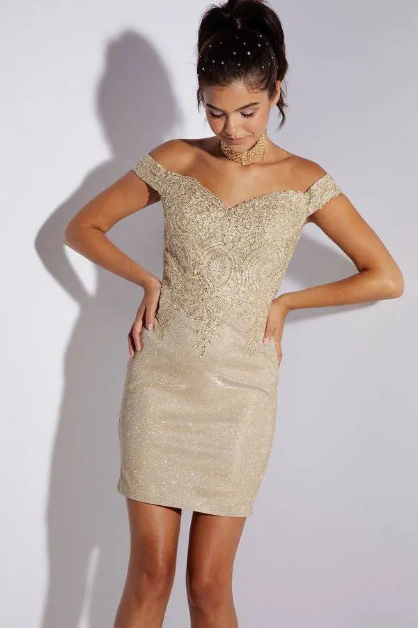 gold bat mitzvah dress LaDivine Dress 9310 Pleated Skirt Scoop Neck Gold Short Bat Mitzvah Dress