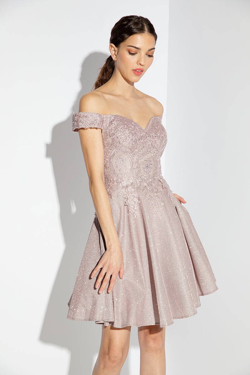 Eureka 9366 Lace & Sequin Shimmering Off Shoulder Short Dress - NORMA REED