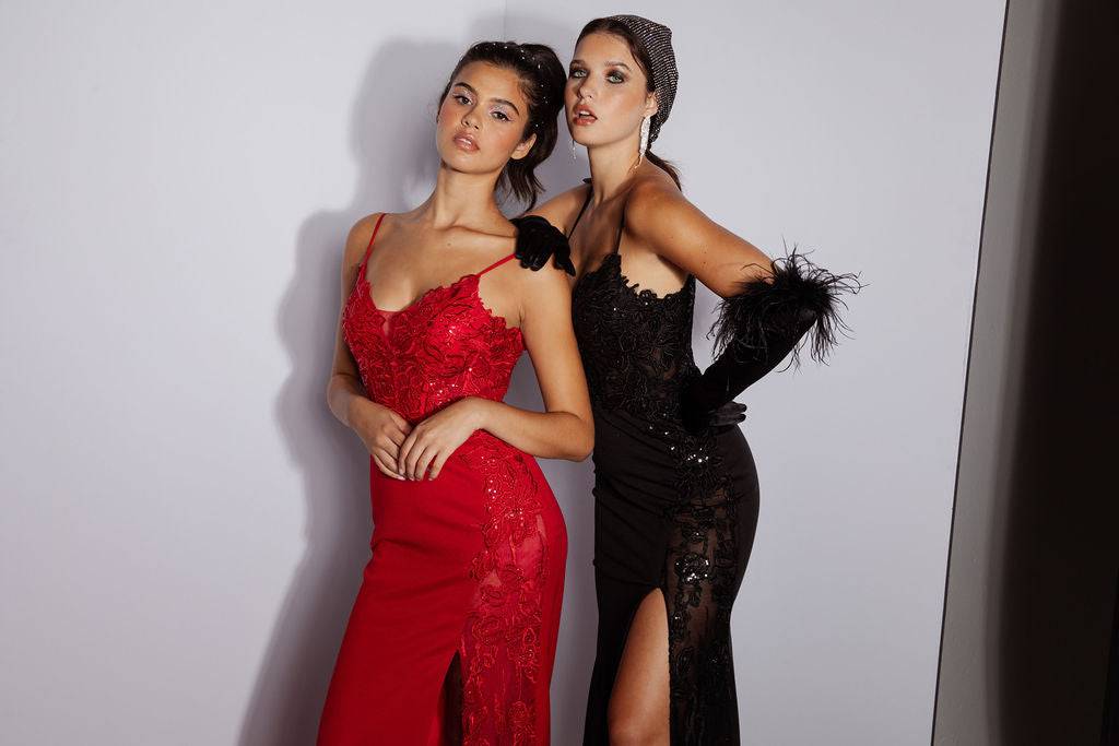 Eureka 9889 Stunning Sheer & Lace Slit Leg Dress | Black | Off White | Emerald | Red - NORMA REED
