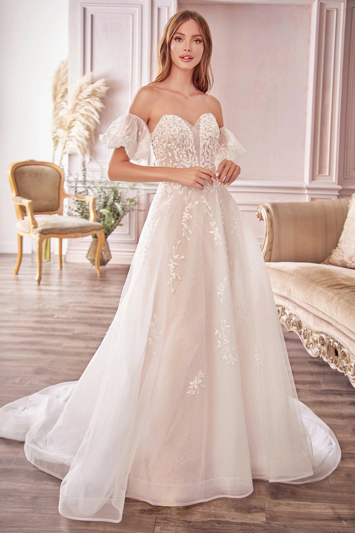 Luxe A1014 Off Shoulder Floral Lace Wedding Gown with Flowing Train - Norma Reed - NORMA REED