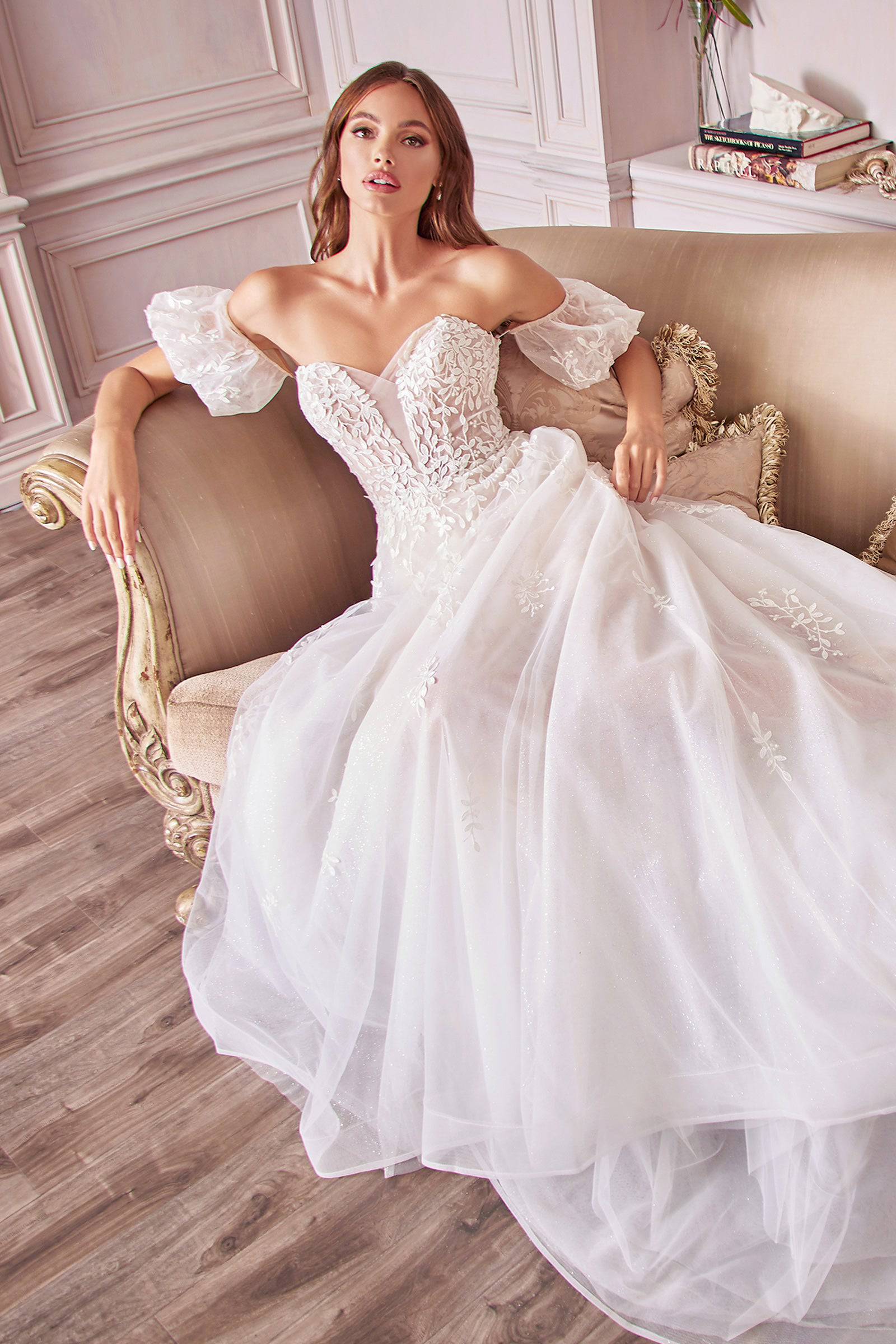 Luxe A1014 Off Shoulder Floral Lace Wedding Gown with Flowing Train