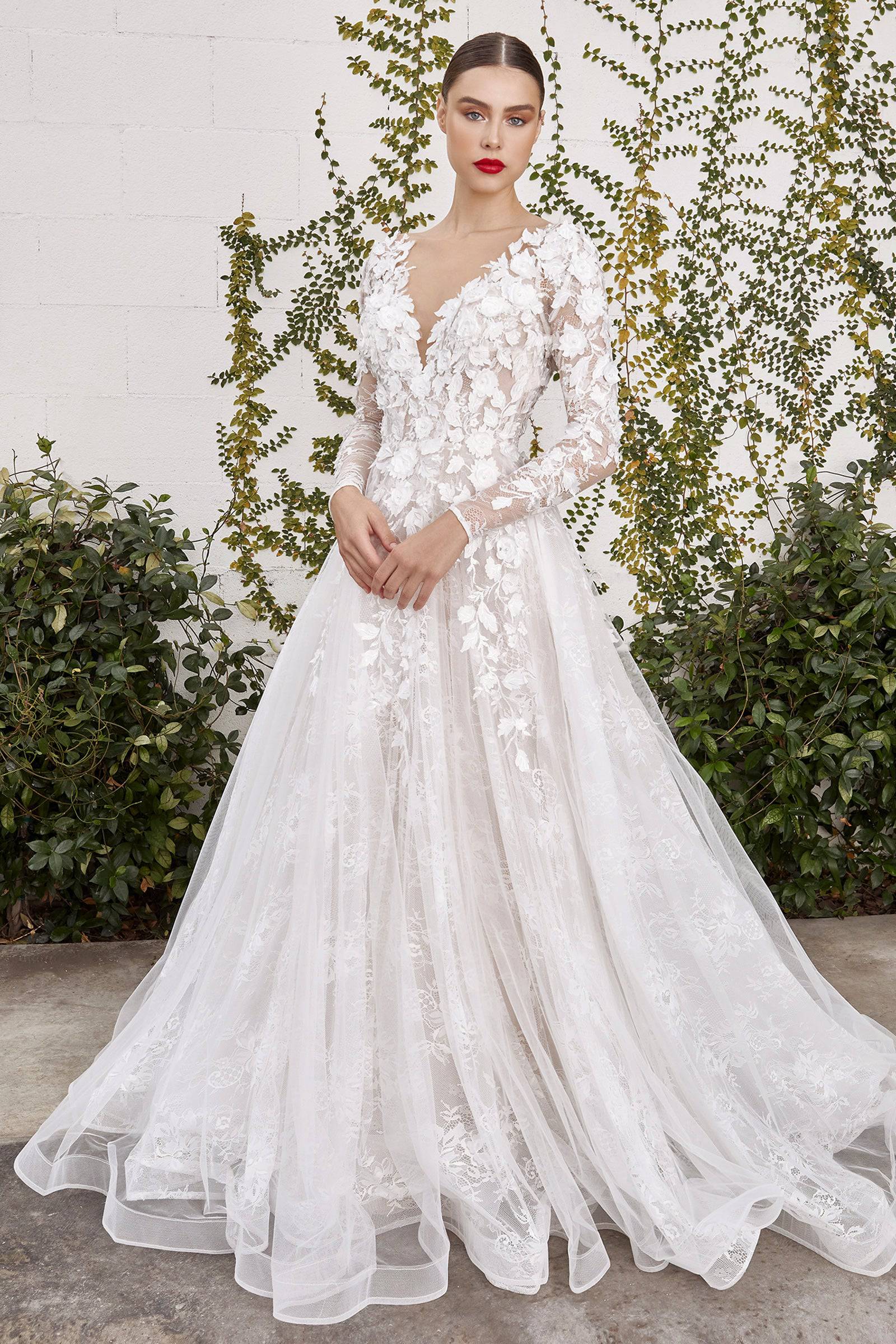 Luxe A1067 Long Sleeve Lace & Floral Wedding Dress with Flowing Train