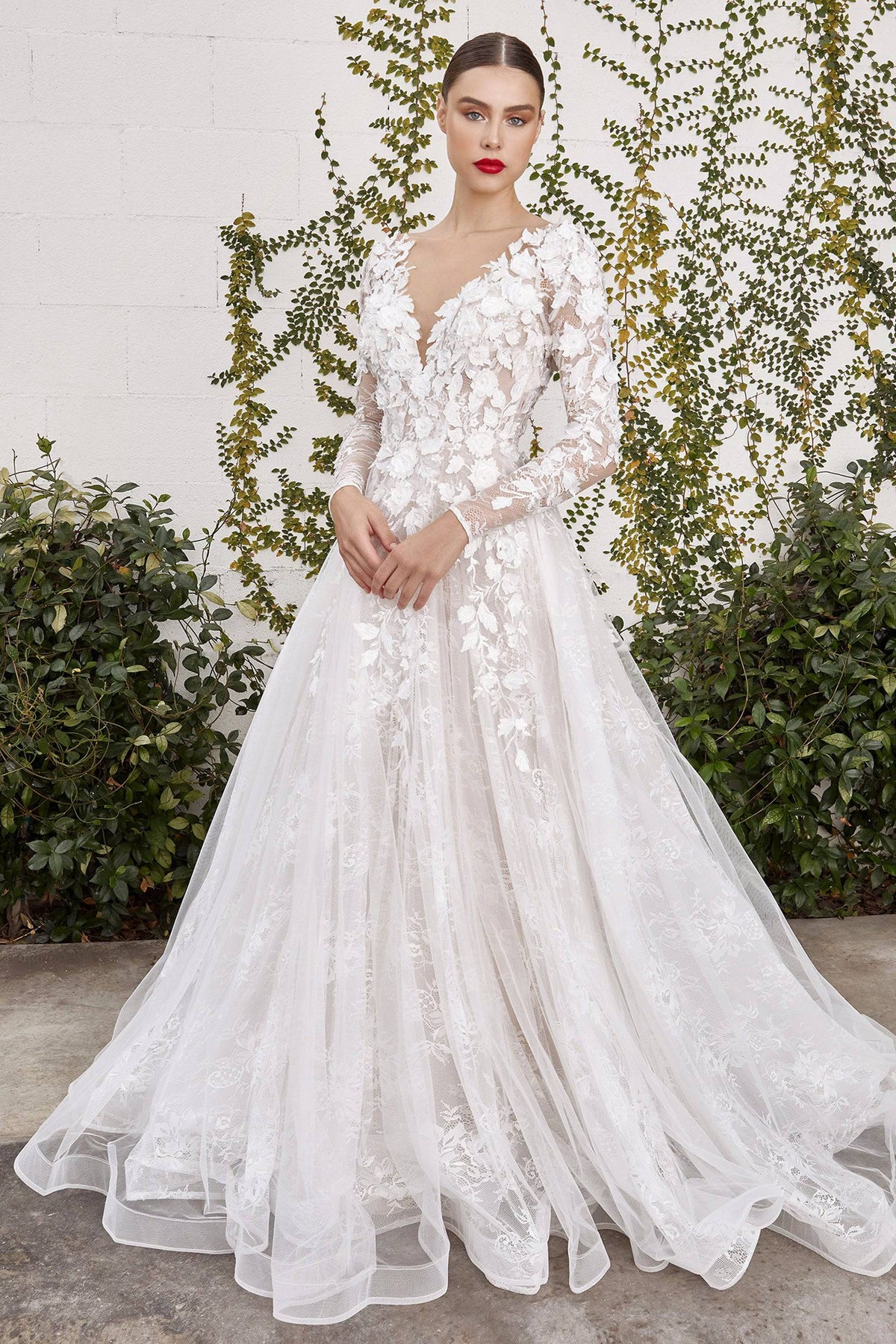 Sexy Long-Sleeve Lace Wedding Dress with Cutouts and Full Train