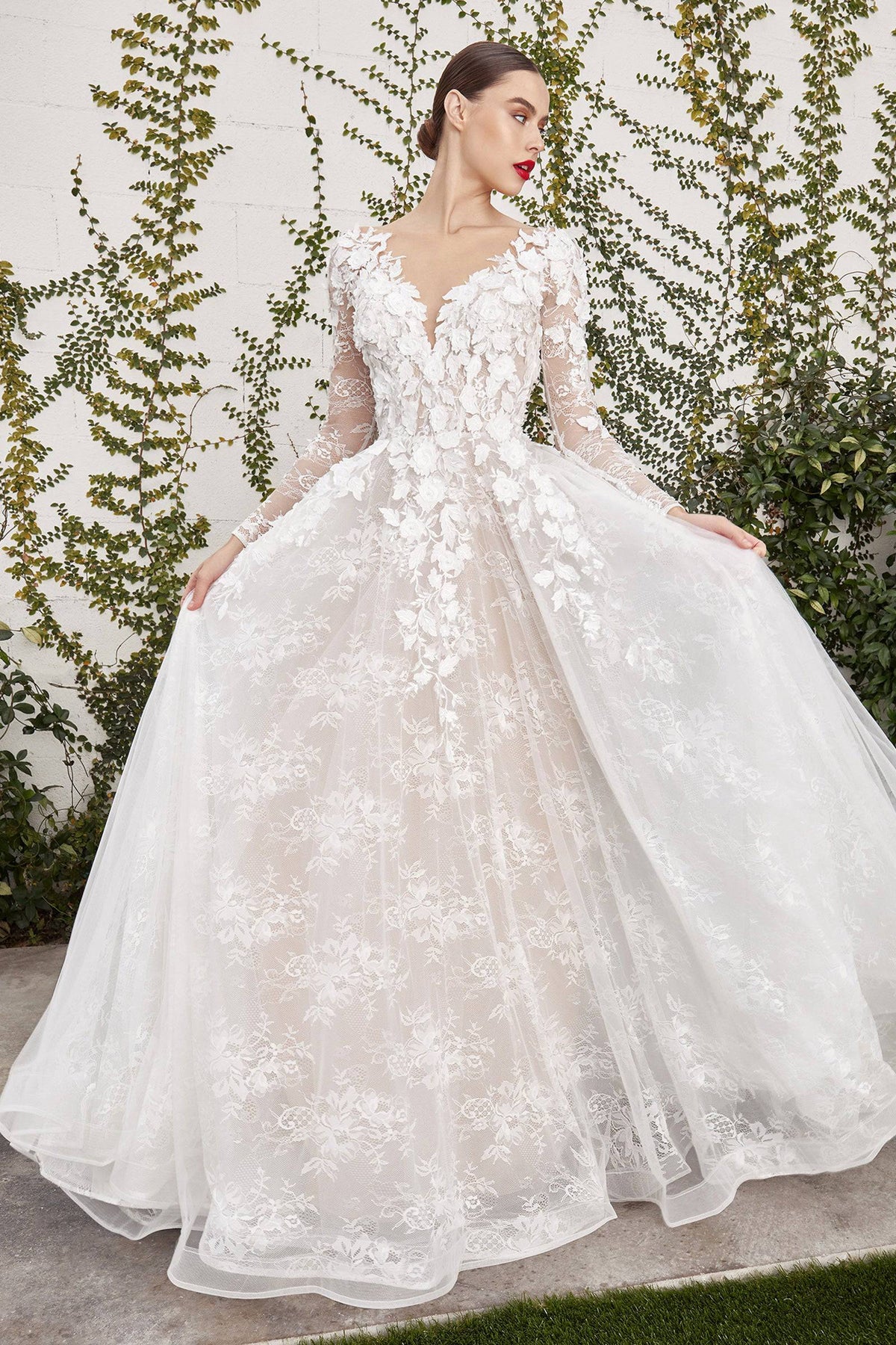 Luxe A1067 Long Sleeve Lace u0026 Floral Wedding Dress with Flowing Train |  NORMA REED