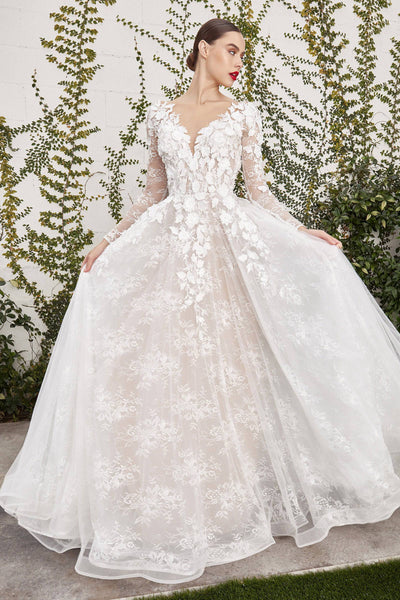 Luxe A1067 Long Sleeve Lace & Floral Wedding Dress with