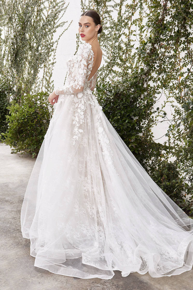 Luxe A1067 Long Sleeve Lace & Floral Wedding Dress with Flowing Train - Norma Reed - NORMA REED