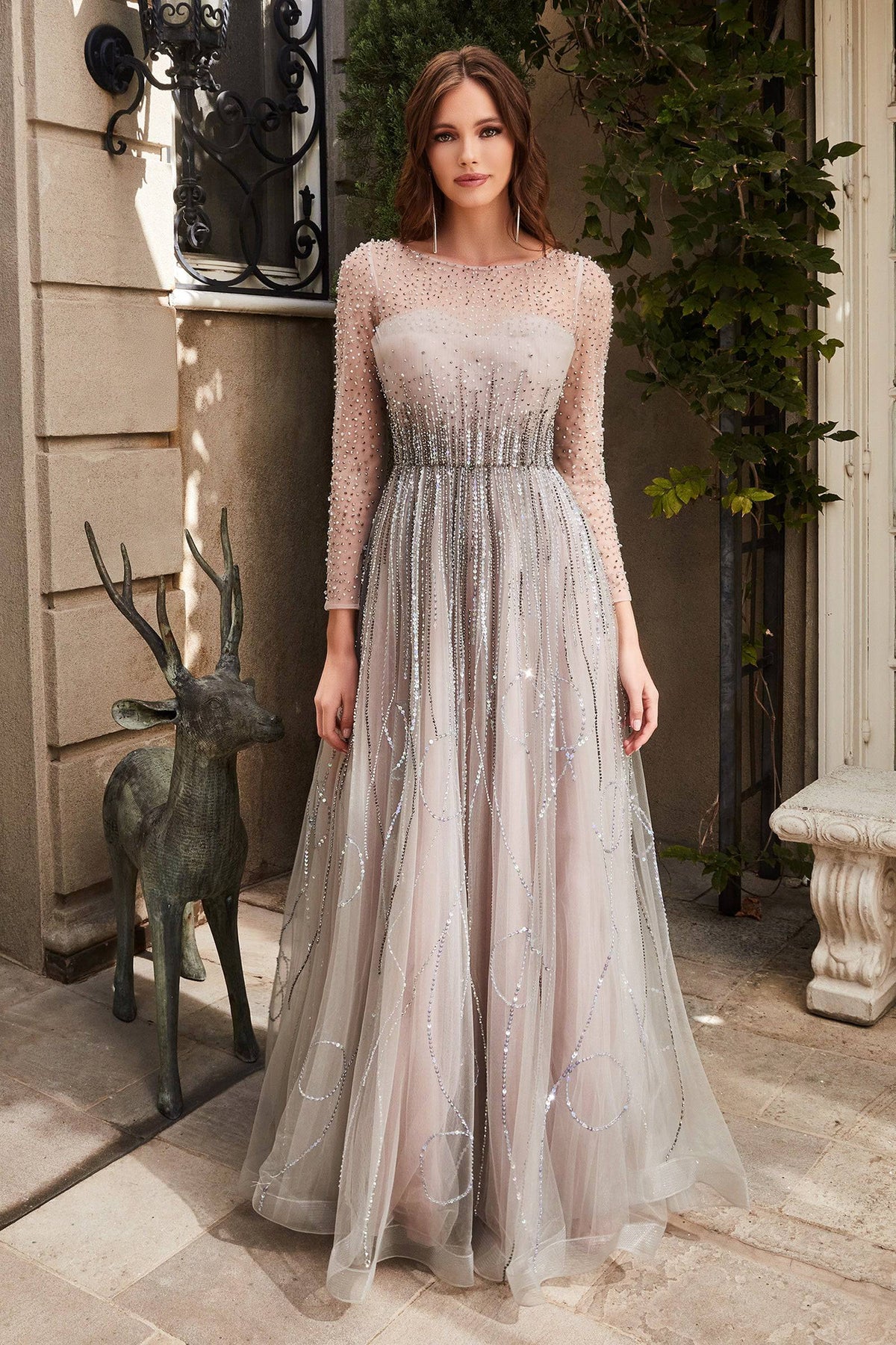 Sparkly Long Formal Gown with Sheer Long Sleeves and Ruffled Layered Skirt #CDB701 - NORMA REED