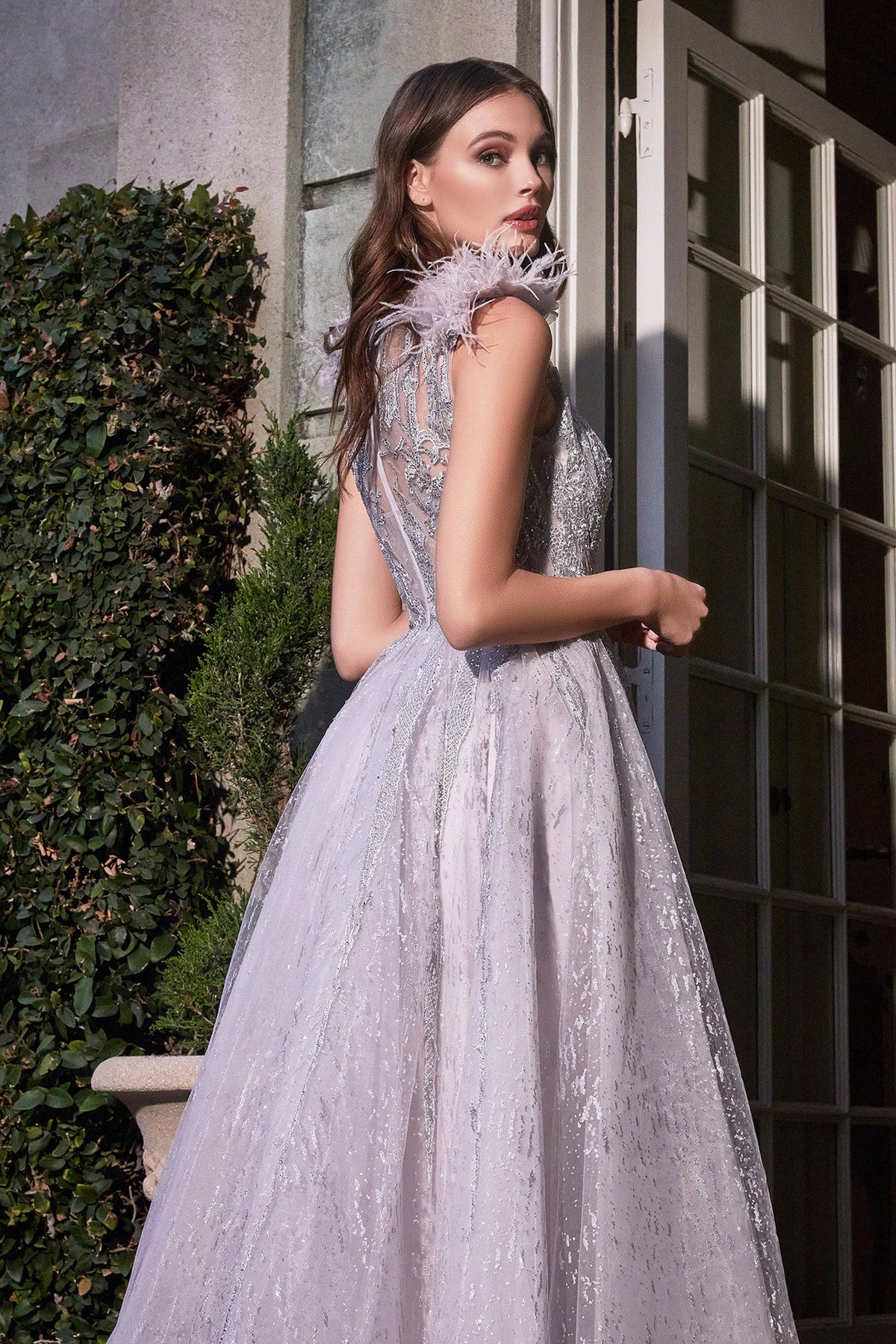 Glittery Ombre Long Dress with Sleeve Accents and Layered Skirt #CDB704 - NORMA REED