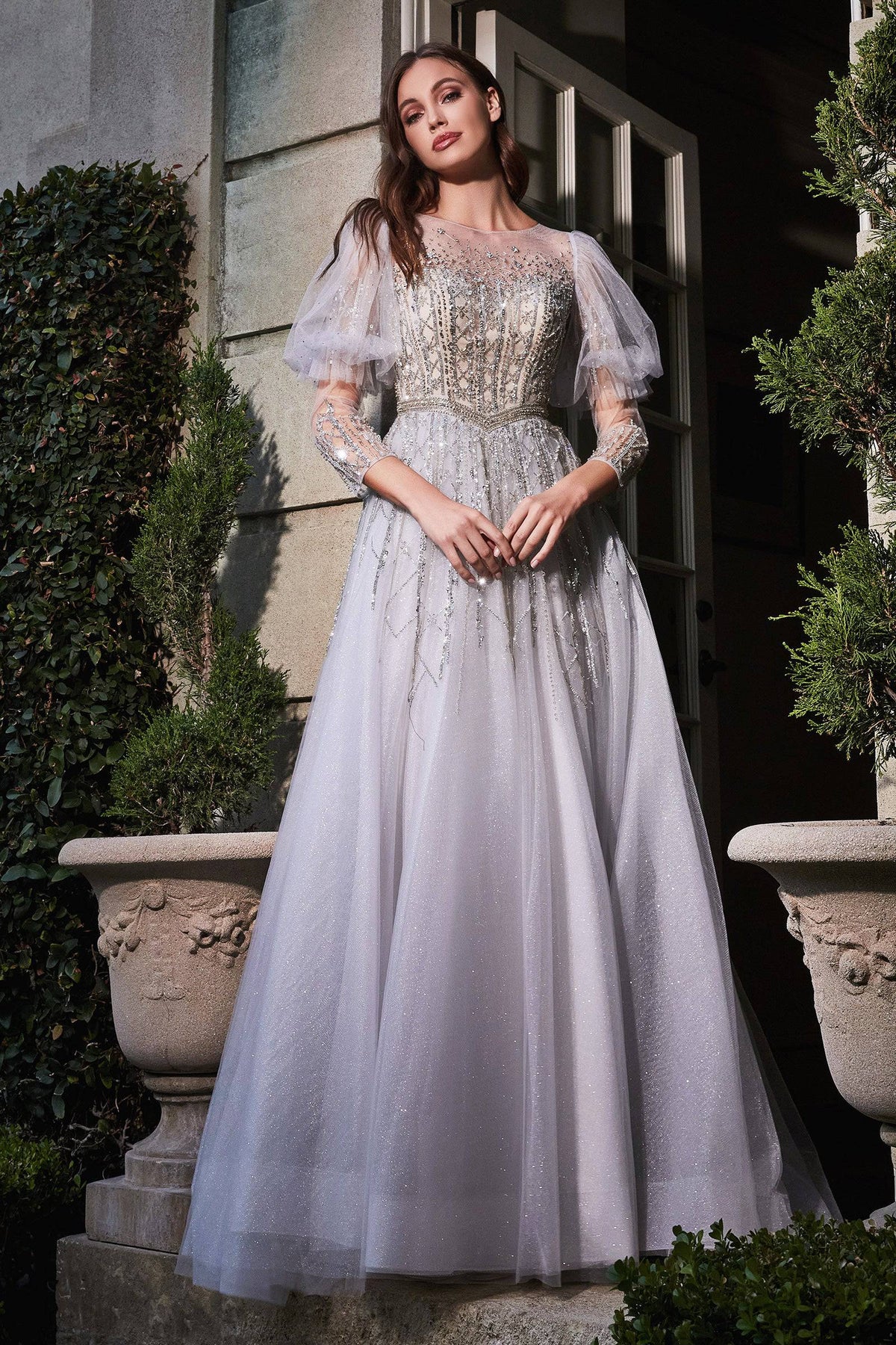 Princess-Like Puffy Sleeve Gown with Fitted Top and Embroidery Detailing #CDB707 - NORMA REED