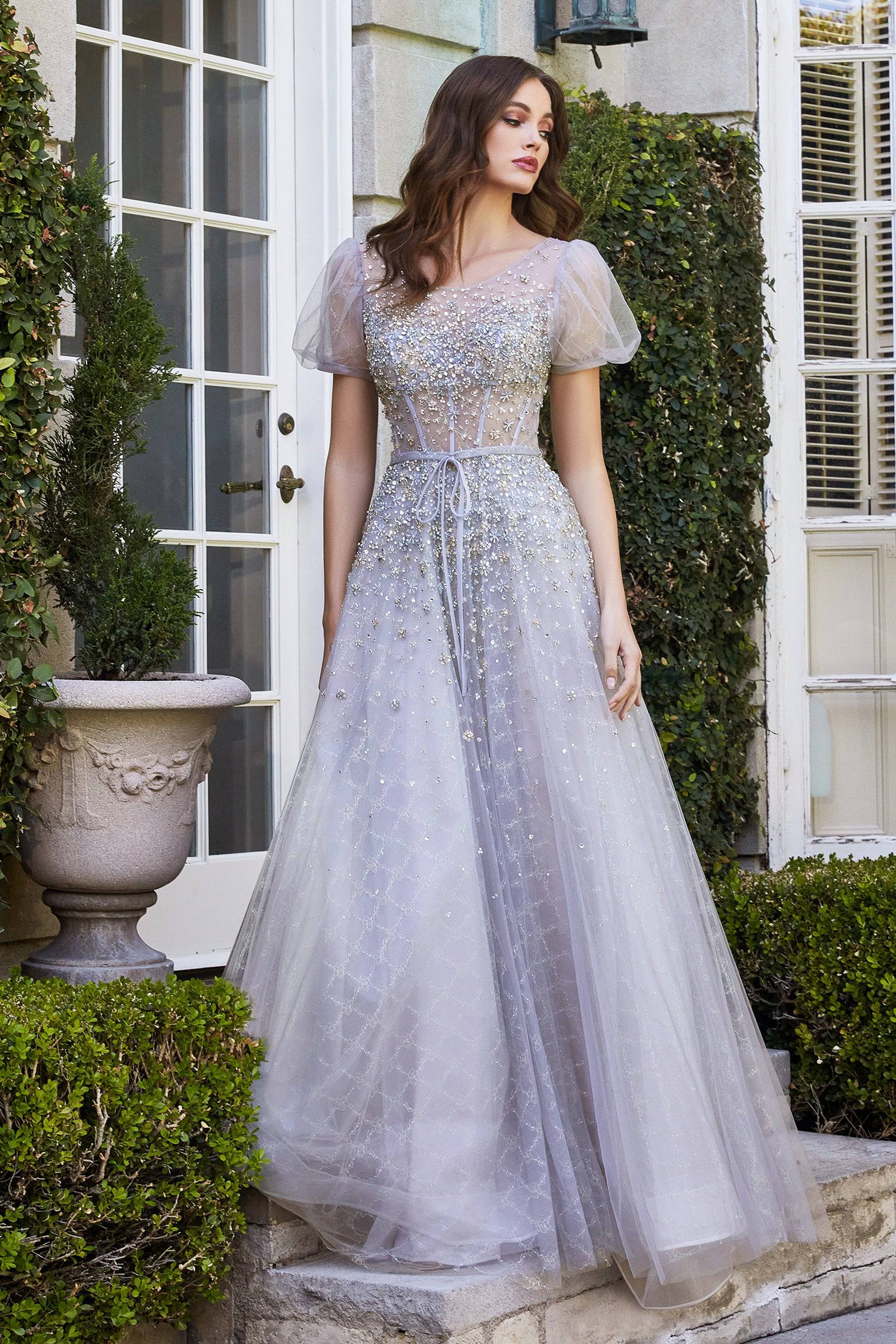 Pretty Sheer Long Gown with Puffy Sleeves and Beaded Accents #CDB708