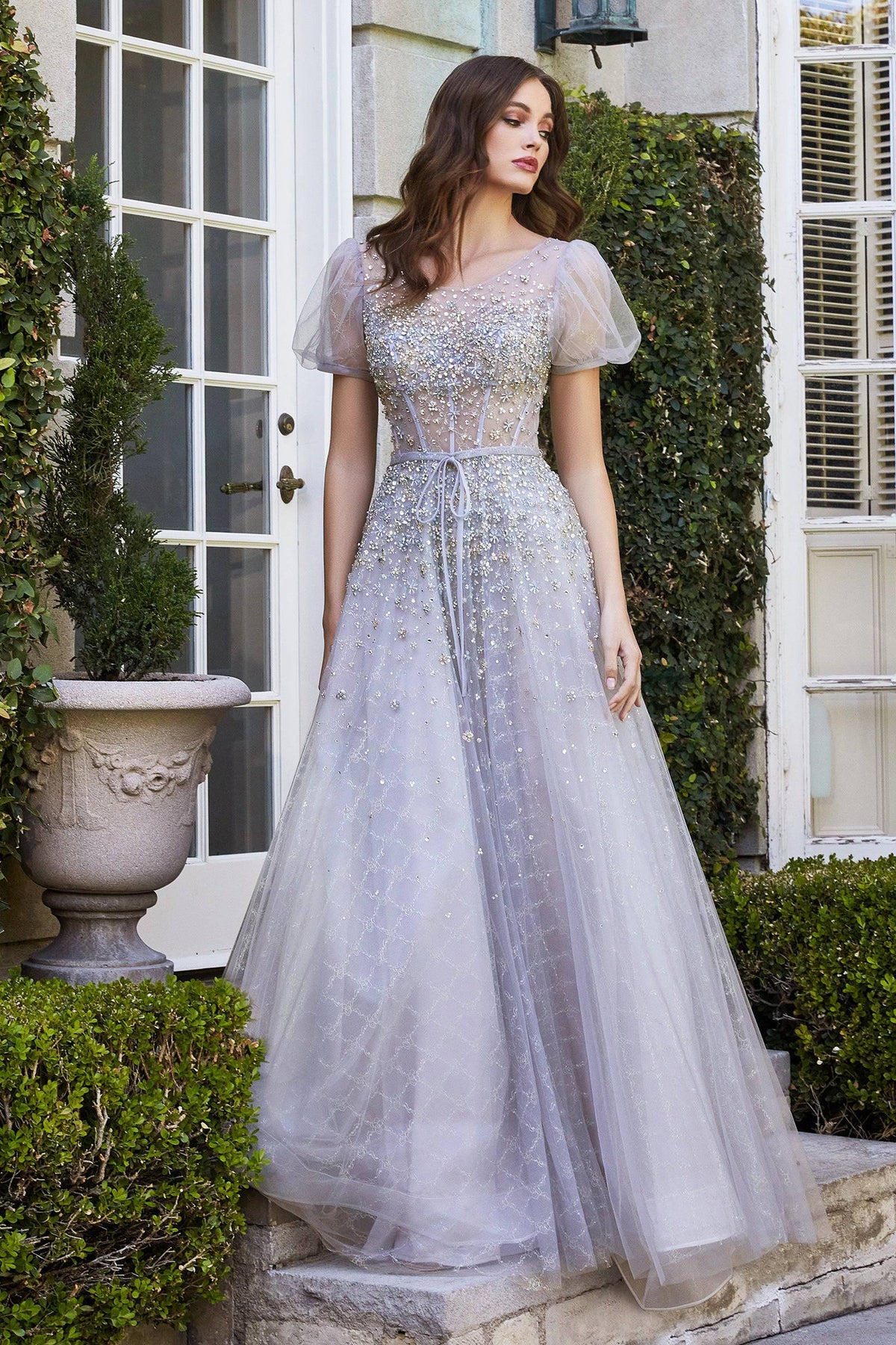 Pretty Sheer Long Gown with Puffy Sleeves and Beaded Accents #CDB708 - NORMA REED