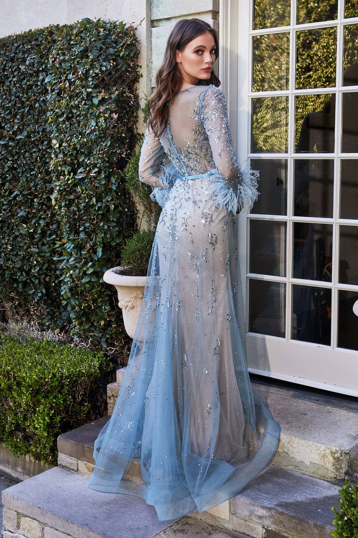 Pretty Long Dress With Sheer Overlay and Feather Accents on Sleeves #CDB716 - NORMA REED