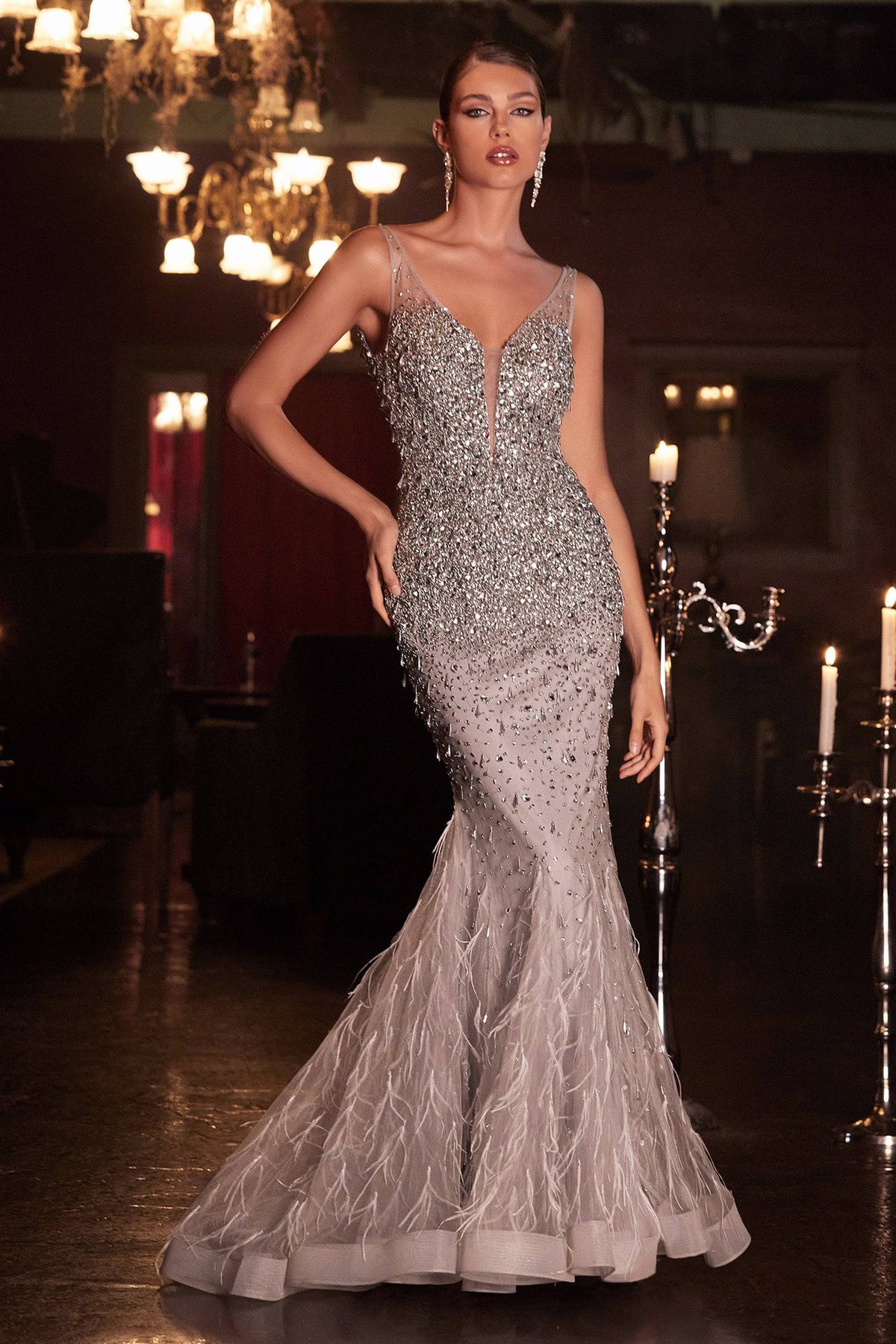 Striking Crystal-Infused Gown with Deep Neckline Slit and Long Skirt #CDB718 - NORMA REED