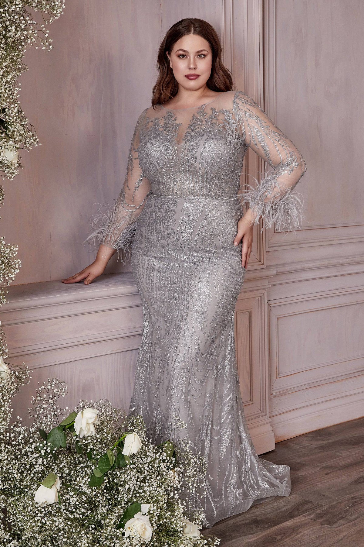 Elegant Plus-Size Sheer Crystal-Infused Gown with Feather Sleeve Accents #CDCB090 - NORMA REED