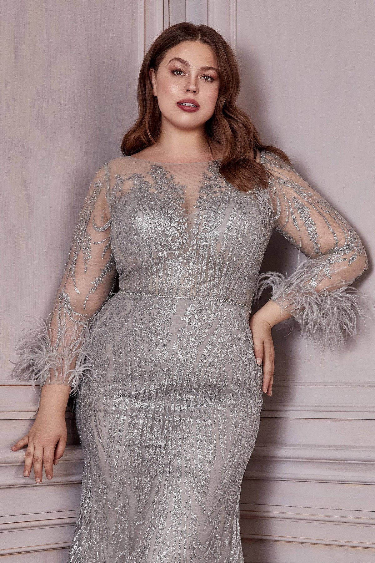 Elegant Plus-Size Sheer Crystal-Infused Gown with Feather Sleeve Accents  #CDCB090